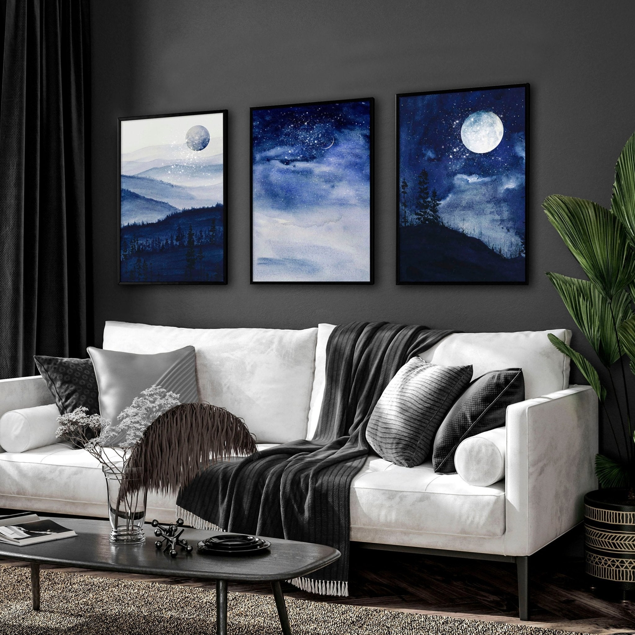 Set of 3 framed Nordic wall art prints featuring a dark blue starry night design, perfect for modern home decor.