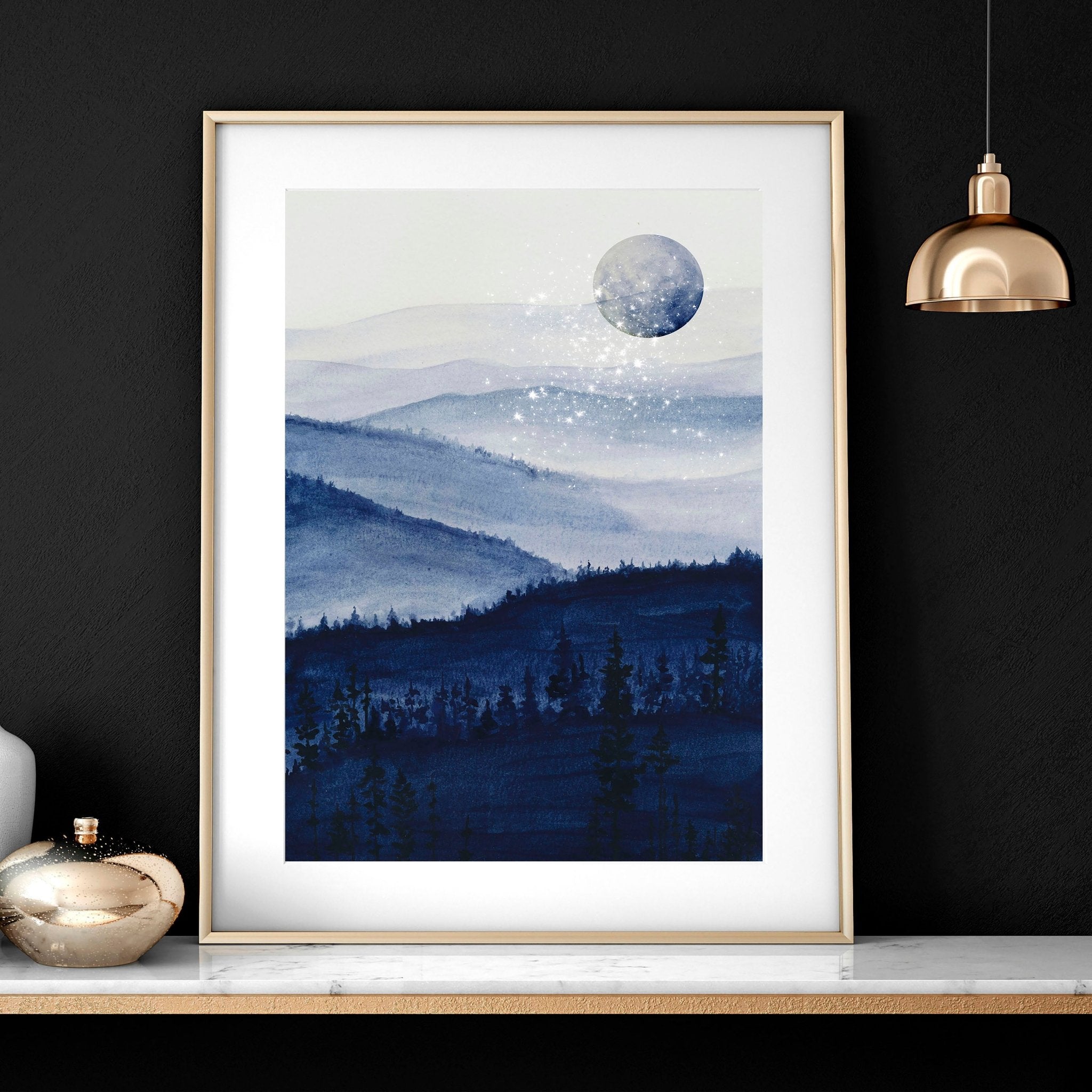 Set of 3 framed Nordic wall art prints featuring a dark blue starry night design, perfect for modern home decor.