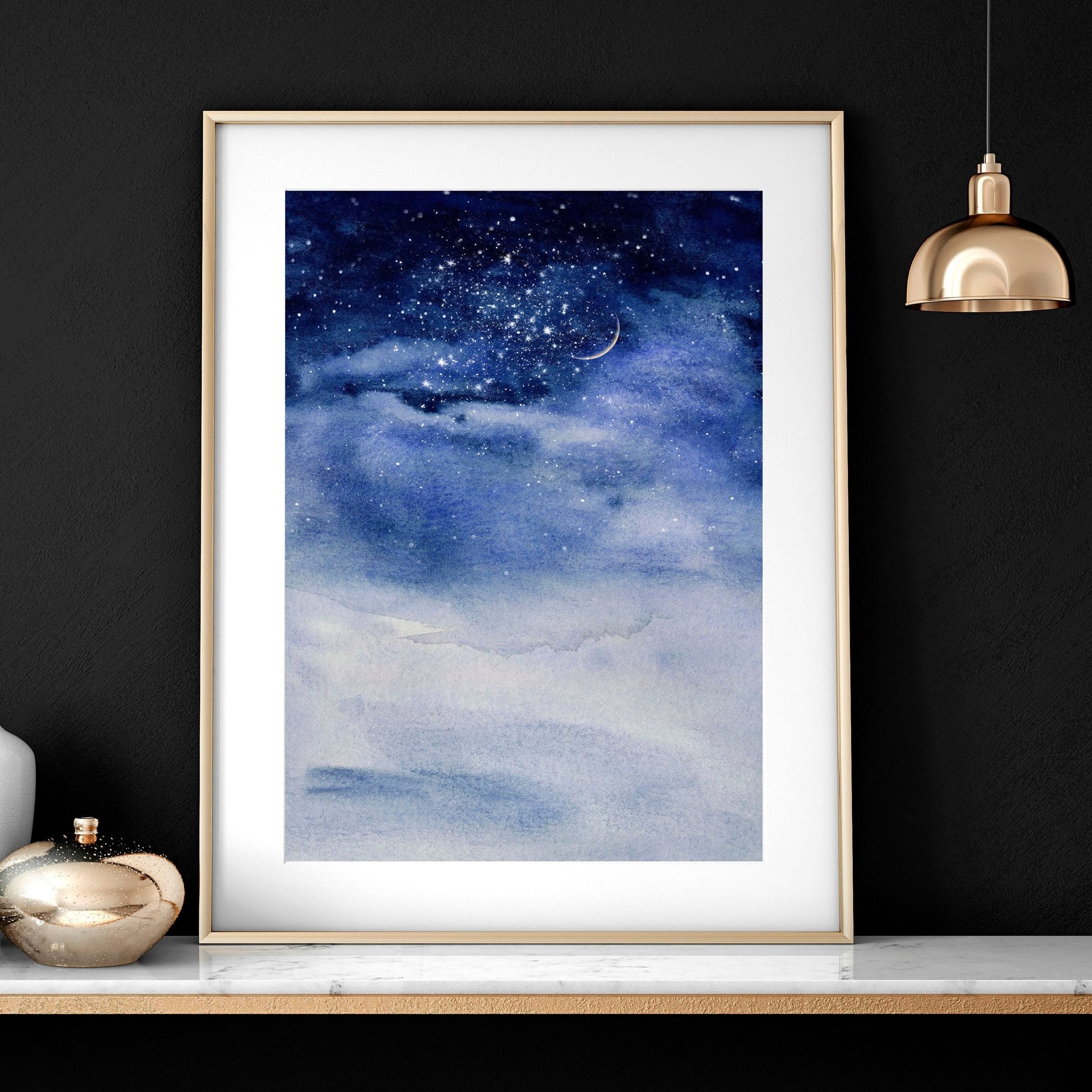 Set of 3 framed Nordic wall art prints featuring a dark blue starry night design, perfect for modern home decor.