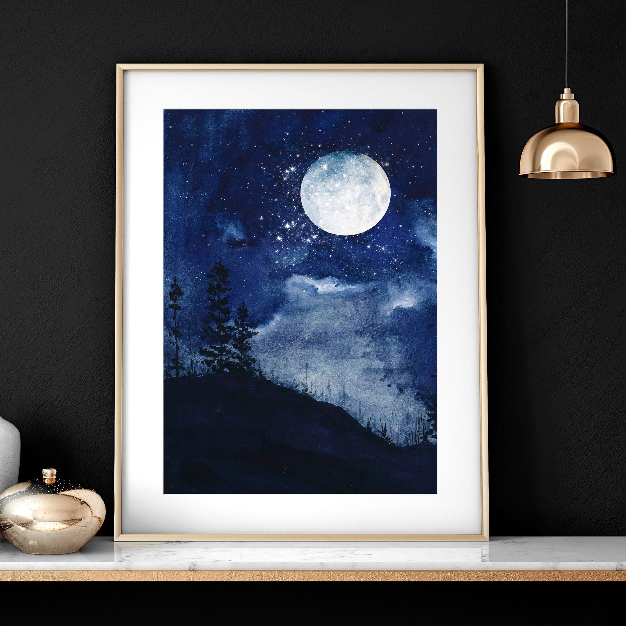 Set of 3 framed Nordic wall art prints featuring a dark blue starry night design, perfect for modern home decor.