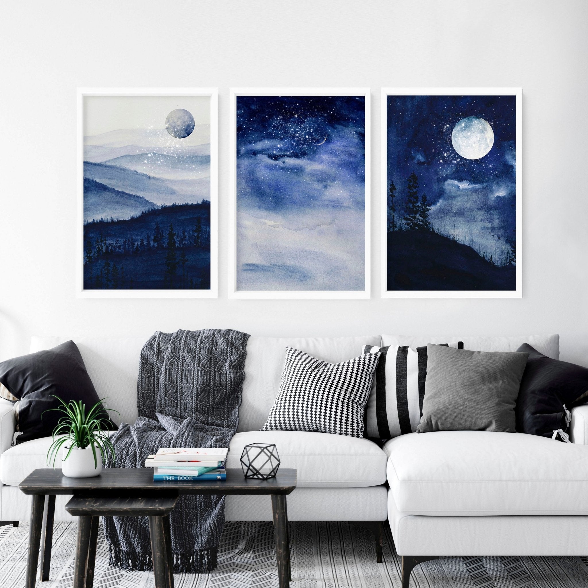 Set of 3 framed Nordic wall art prints featuring a dark blue starry night design, perfect for modern home decor.