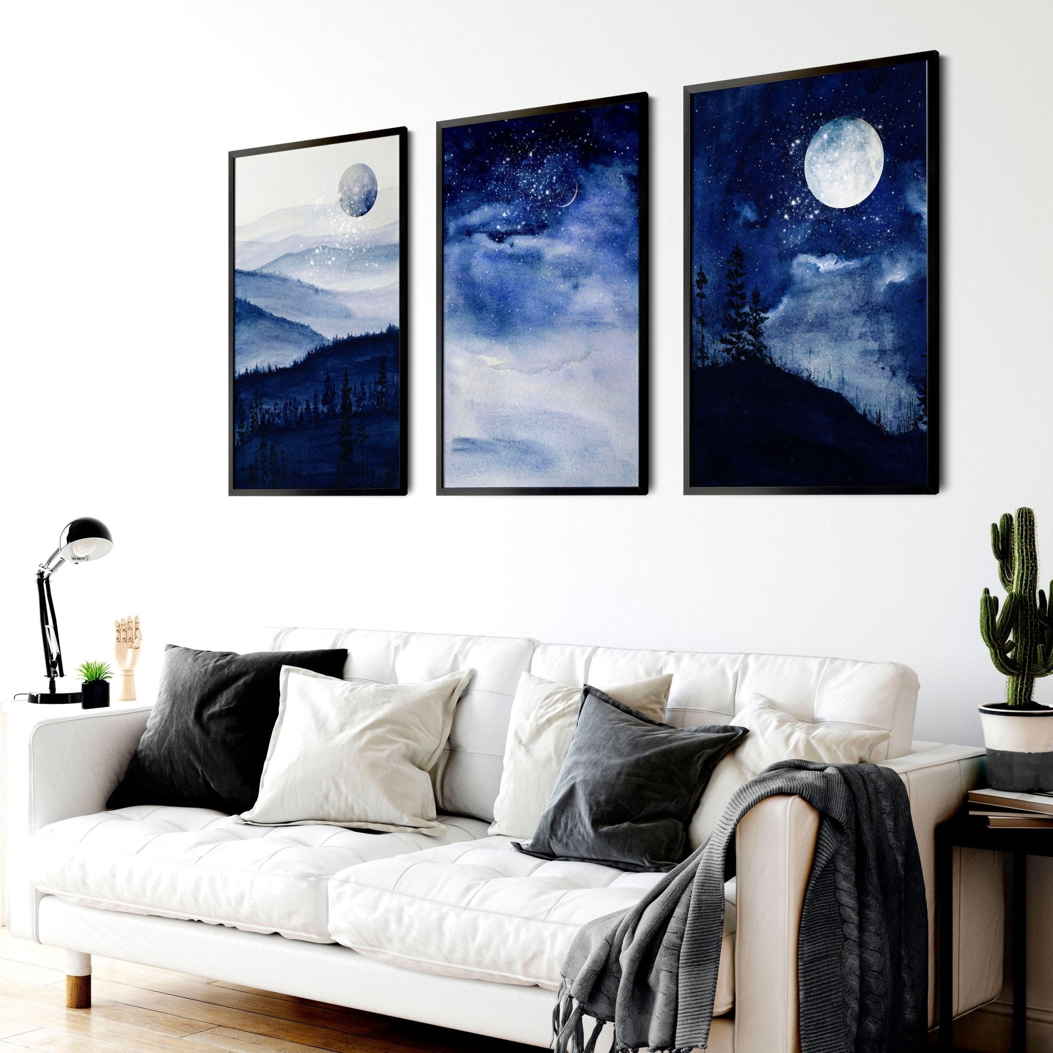 Set of 3 framed Nordic wall art prints featuring a dark blue starry night design, perfect for modern home decor.