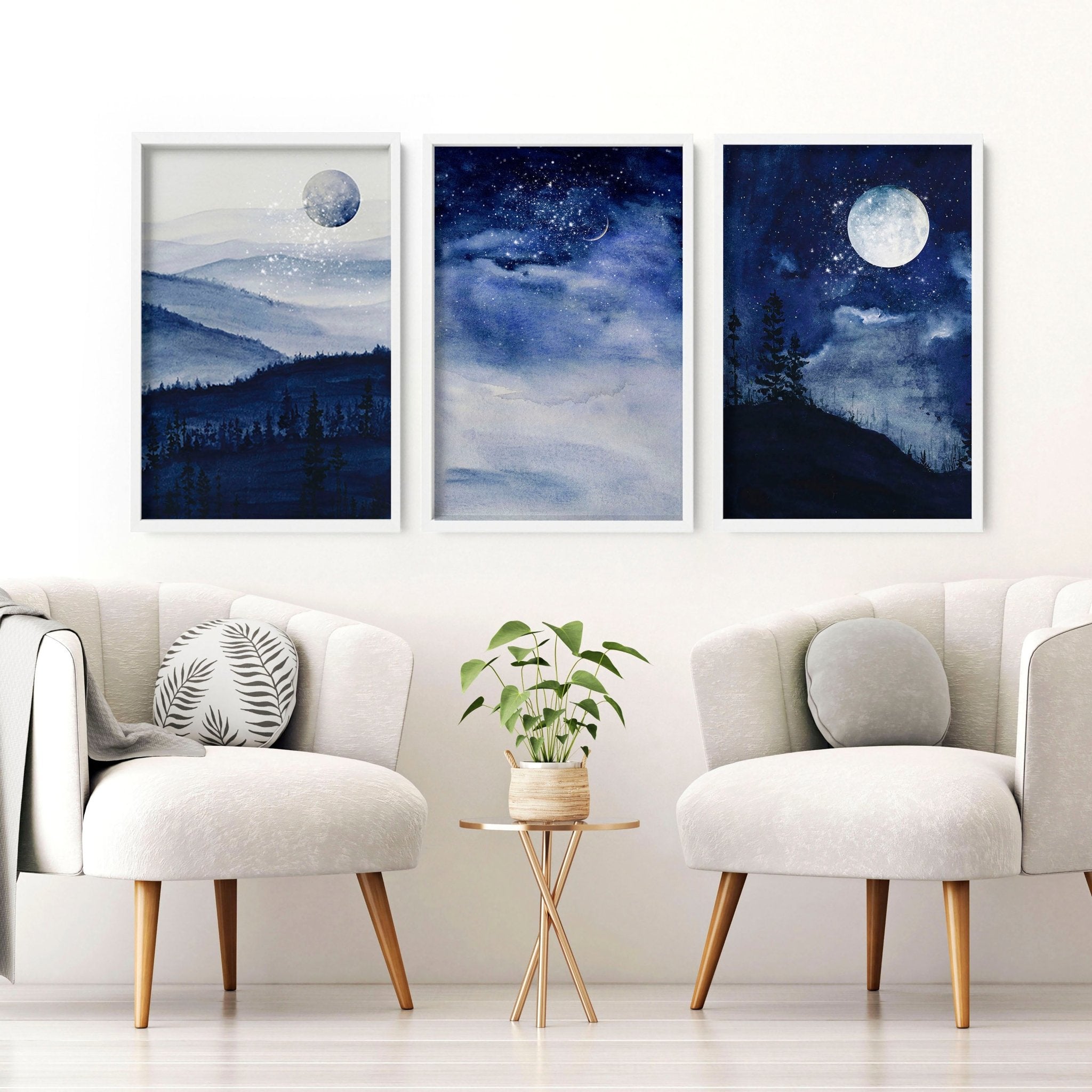 Set of 3 framed Nordic wall art prints featuring a dark blue starry night design, perfect for modern home decor.