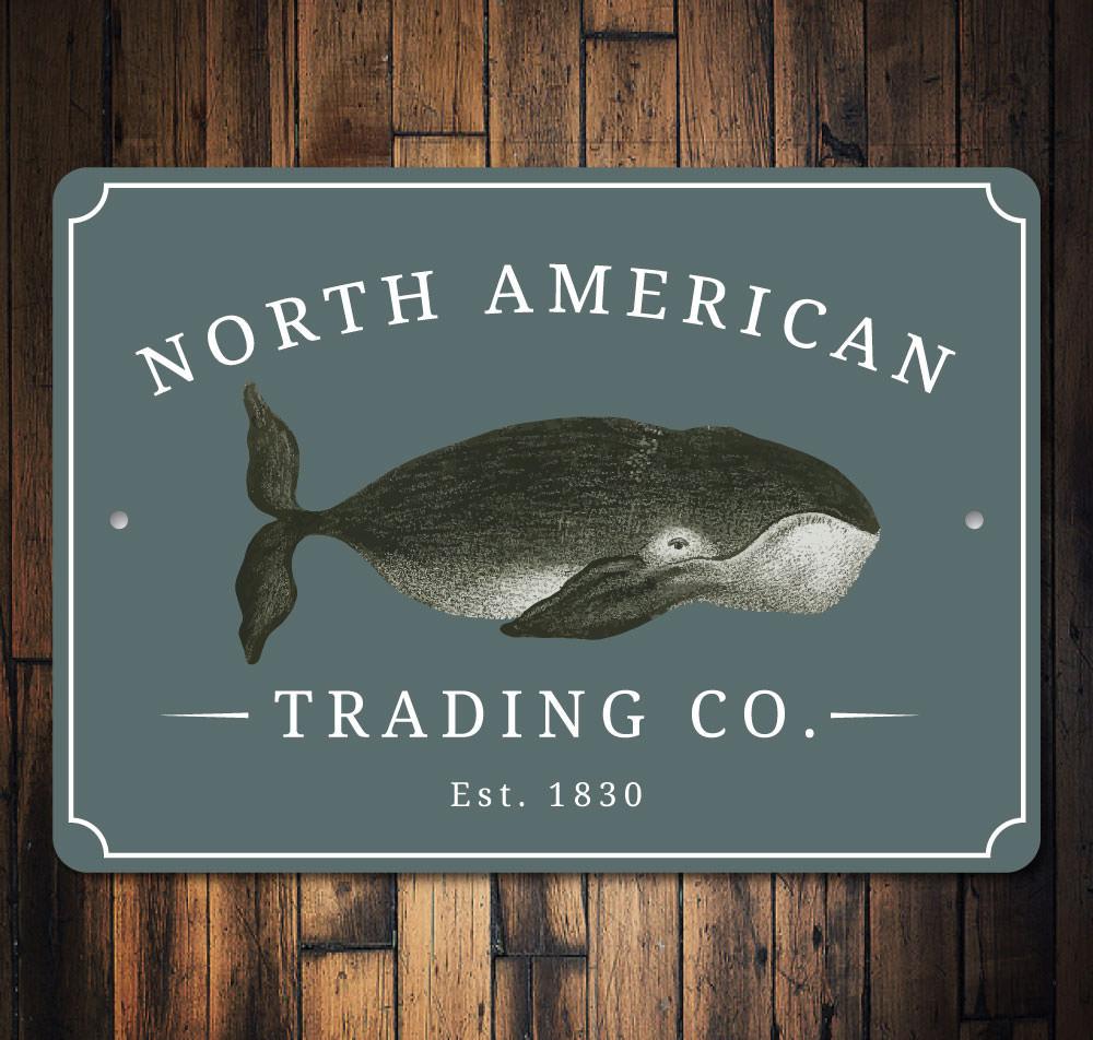 North American Trading Company Sign made of high-quality aluminum, featuring customizable text and pre-drilled holes for easy mounting.