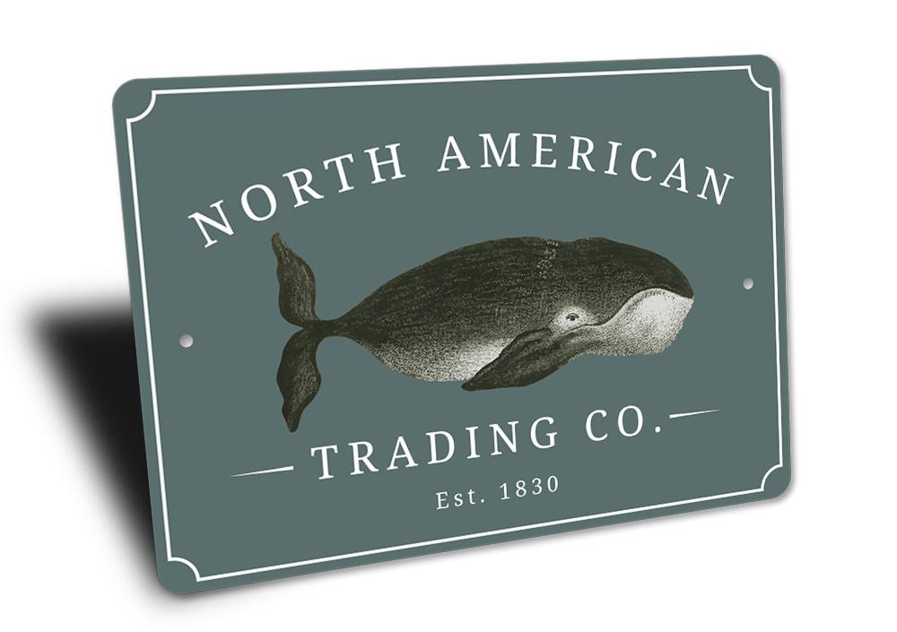 North American Trading Company Sign made of high-quality aluminum, featuring customizable text and pre-drilled holes for easy mounting.