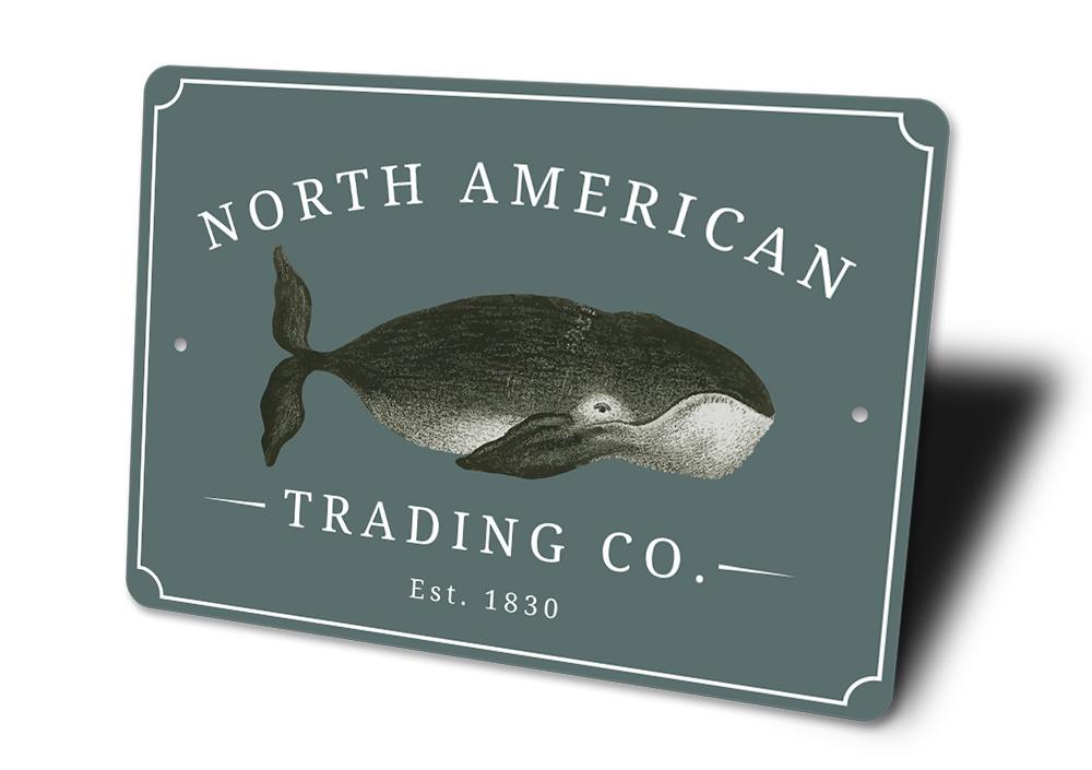 North American Trading Company Sign made of high-quality aluminum, featuring customizable text and pre-drilled holes for easy mounting.