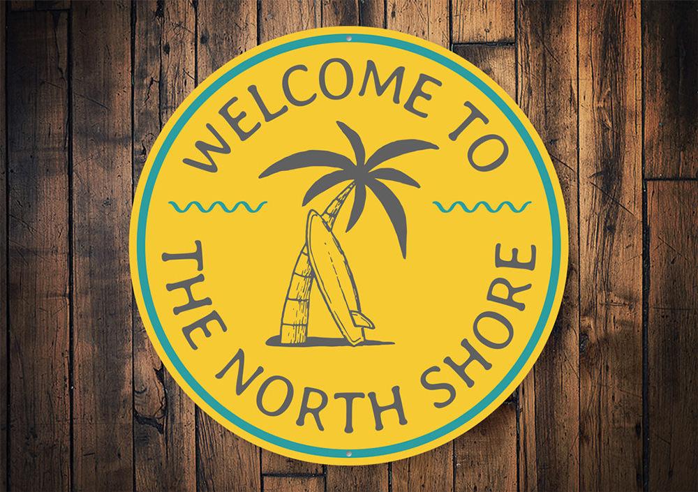 North Shore Beach Sign made of aluminum, featuring coastal-themed design, perfect for beach houses and outdoor decor.