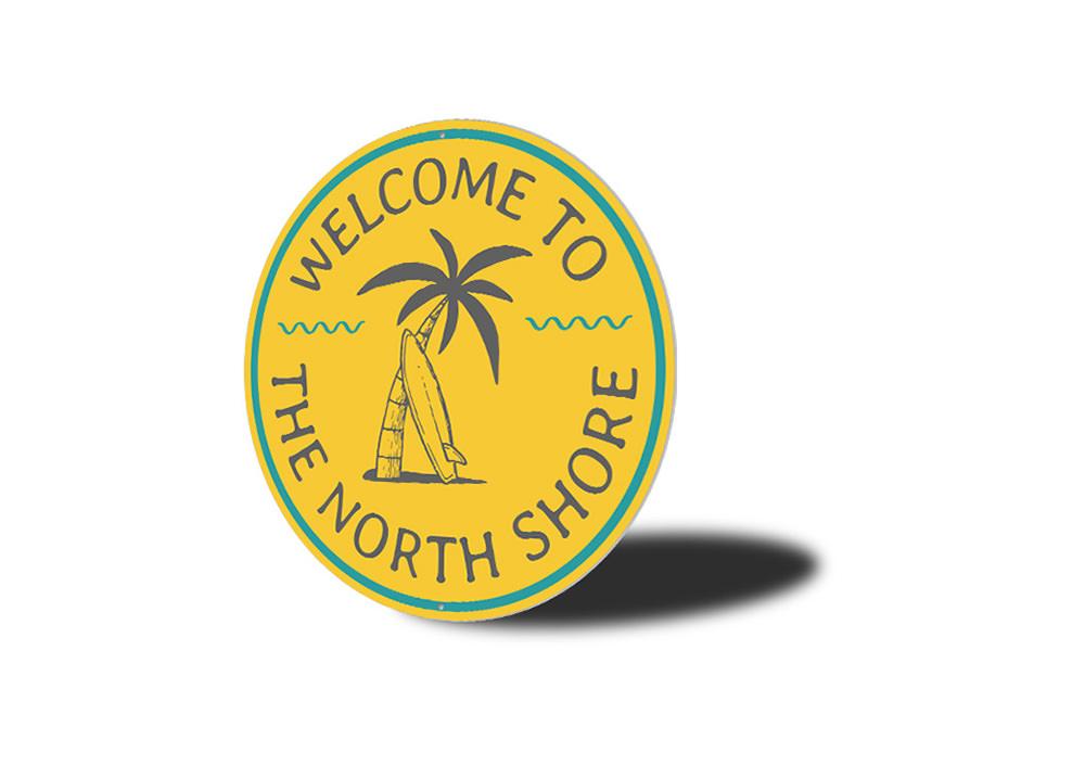 North Shore Beach Sign made of aluminum, featuring coastal-themed design, perfect for beach houses and outdoor decor.