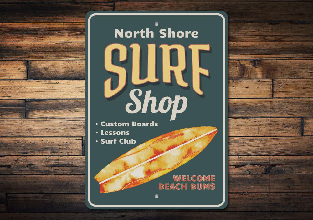 North Shore Surf Shop Sign made of high-quality aluminum, featuring vibrant colors and a beach-themed design, perfect for coastal decor.