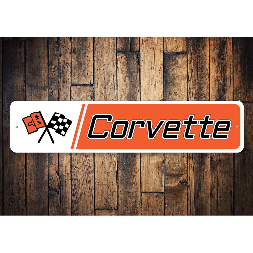 A vibrant Novelty Corvette Sign made of high-quality aluminum, featuring a classic Corvette design, perfect for garages and man caves.