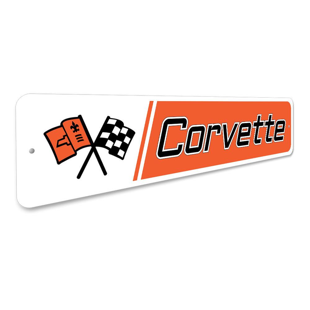 A vibrant Novelty Corvette Sign made of high-quality aluminum, featuring a classic Corvette design, perfect for garages and man caves.