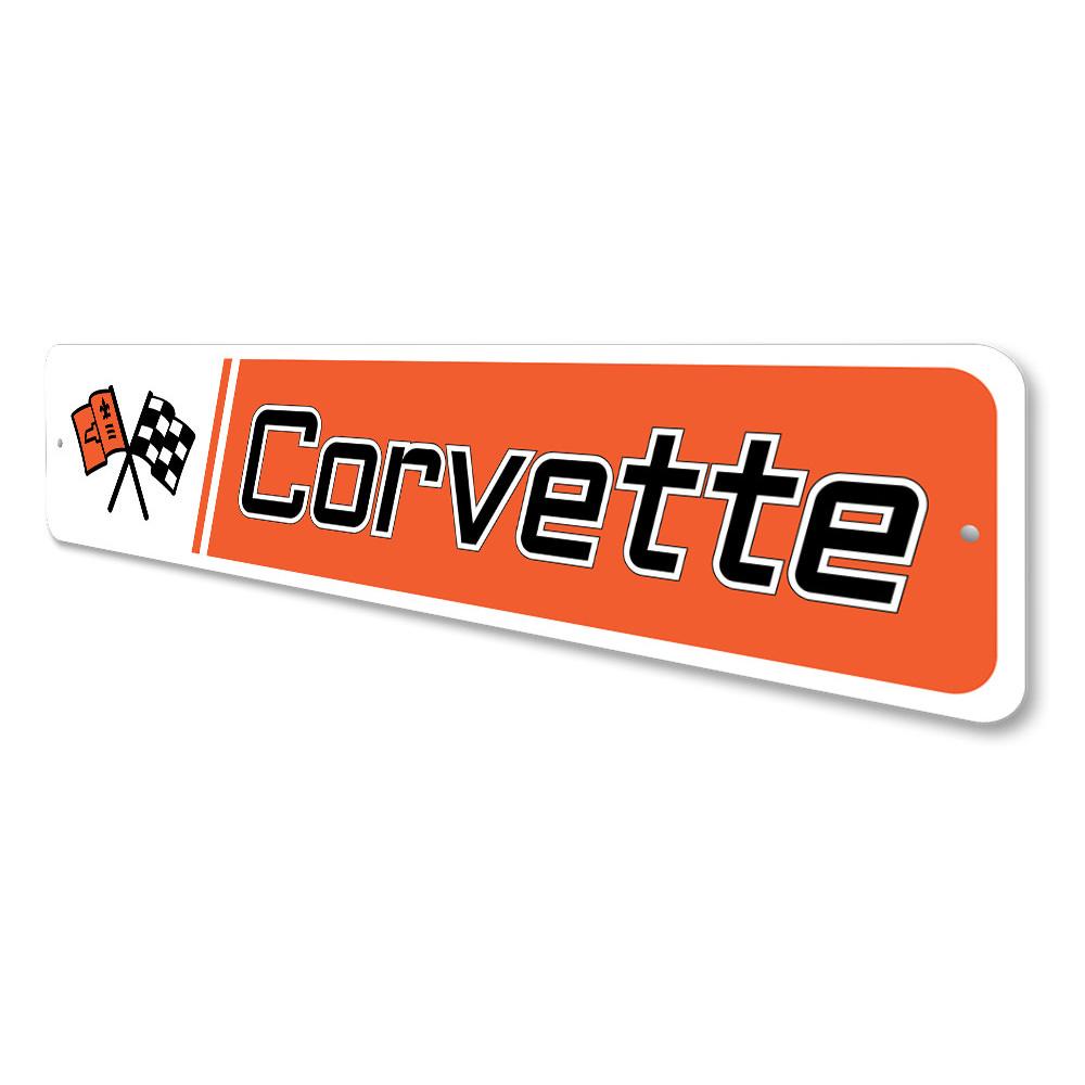 A vibrant Novelty Corvette Sign made of high-quality aluminum, featuring a classic Corvette design, perfect for garages and man caves.