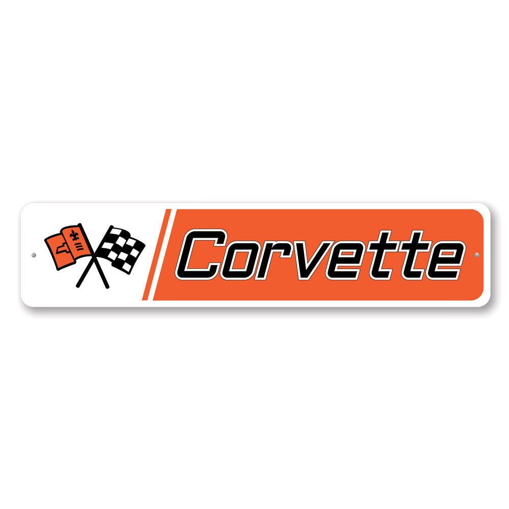 A vibrant Novelty Corvette Sign made of high-quality aluminum, featuring a classic Corvette design, perfect for garages and man caves.