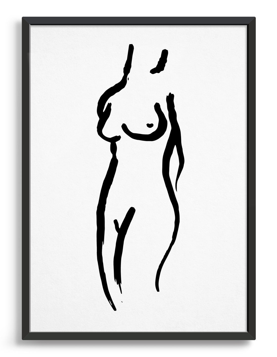 A premium quality art print featuring a nude female line drawing in black and white, showcasing elegant simplicity.