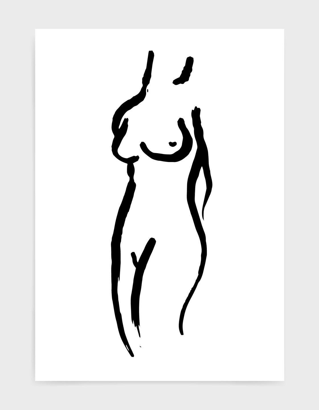 A premium quality art print featuring a nude female line drawing in black and white, showcasing elegant simplicity.