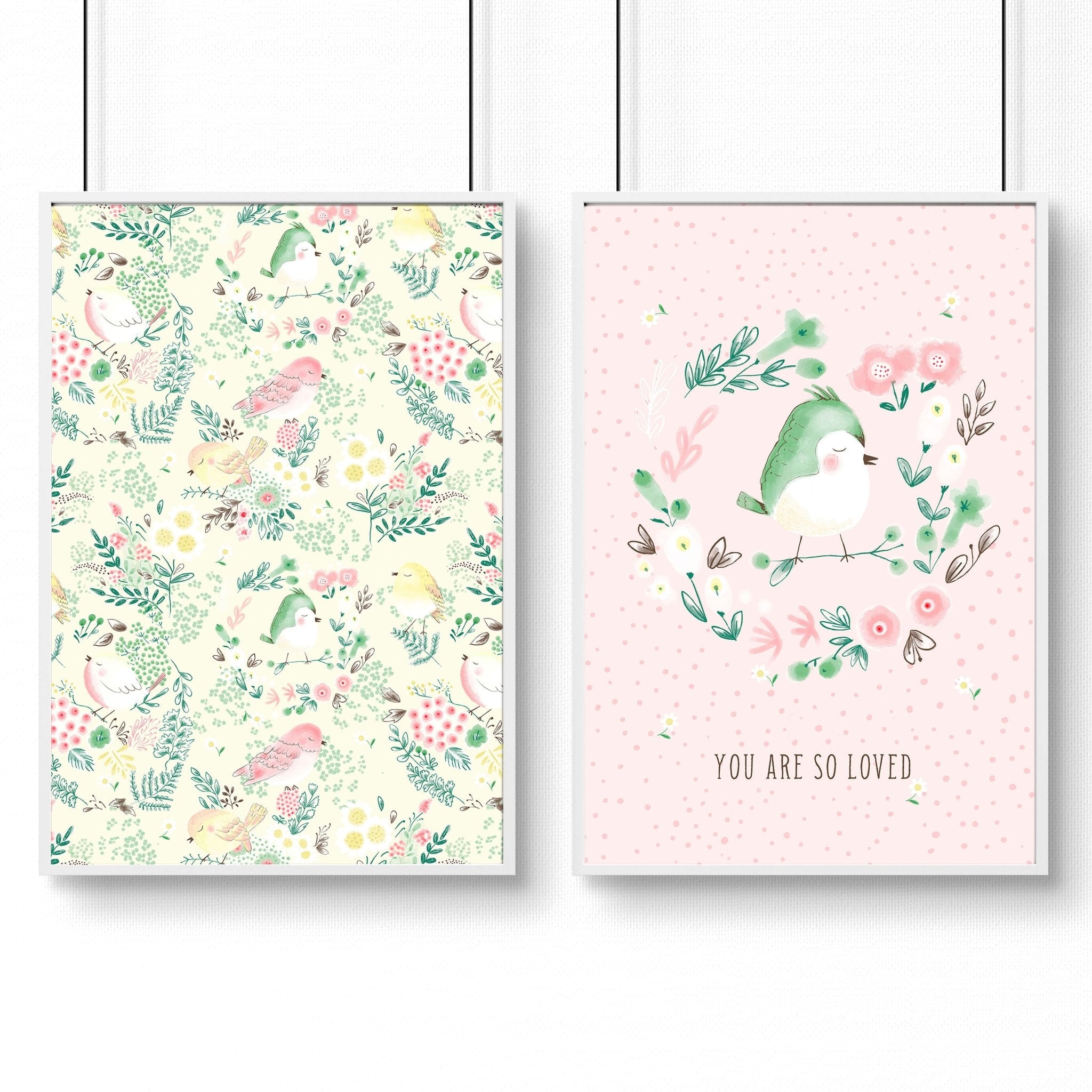 Set of 2 nursery wall art prints featuring cute pink and ivory birds and a floral illustration, perfect for a little girl's room.