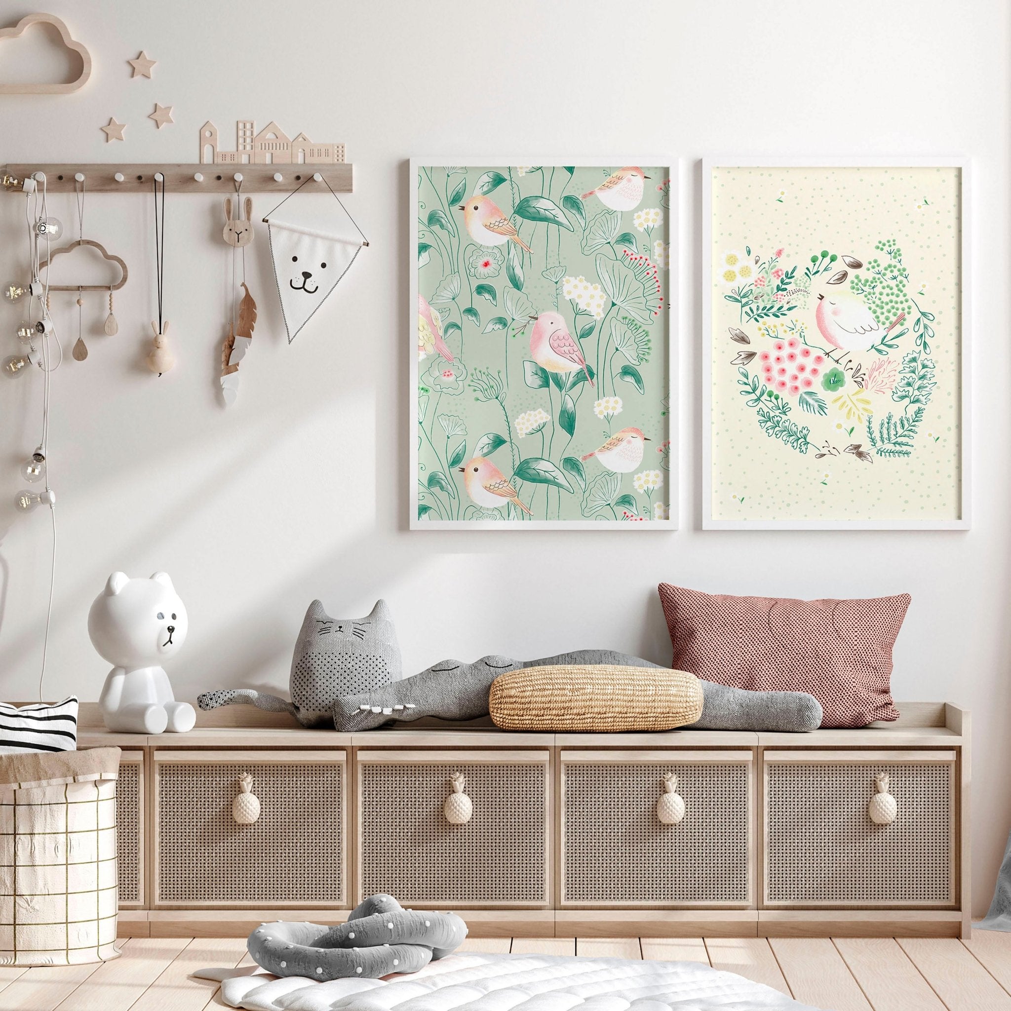 Set of 2 nursery wall art prints featuring adorable birds and flowers in soft pastel colors, perfect for nursery decor.