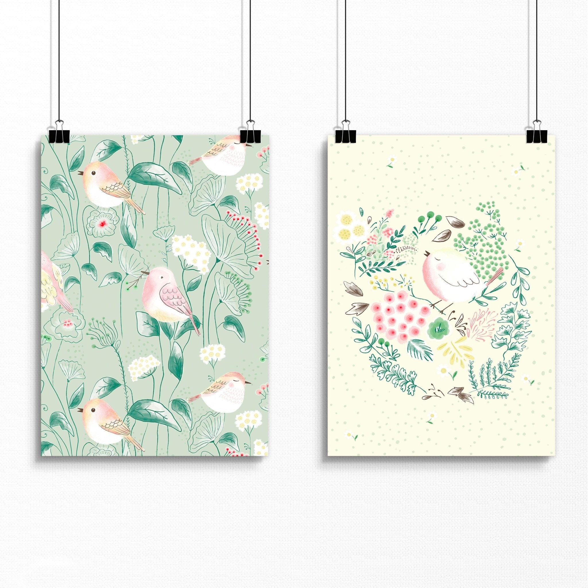 Set of 2 nursery wall art prints featuring adorable birds and flowers in soft pastel colors, perfect for nursery decor.