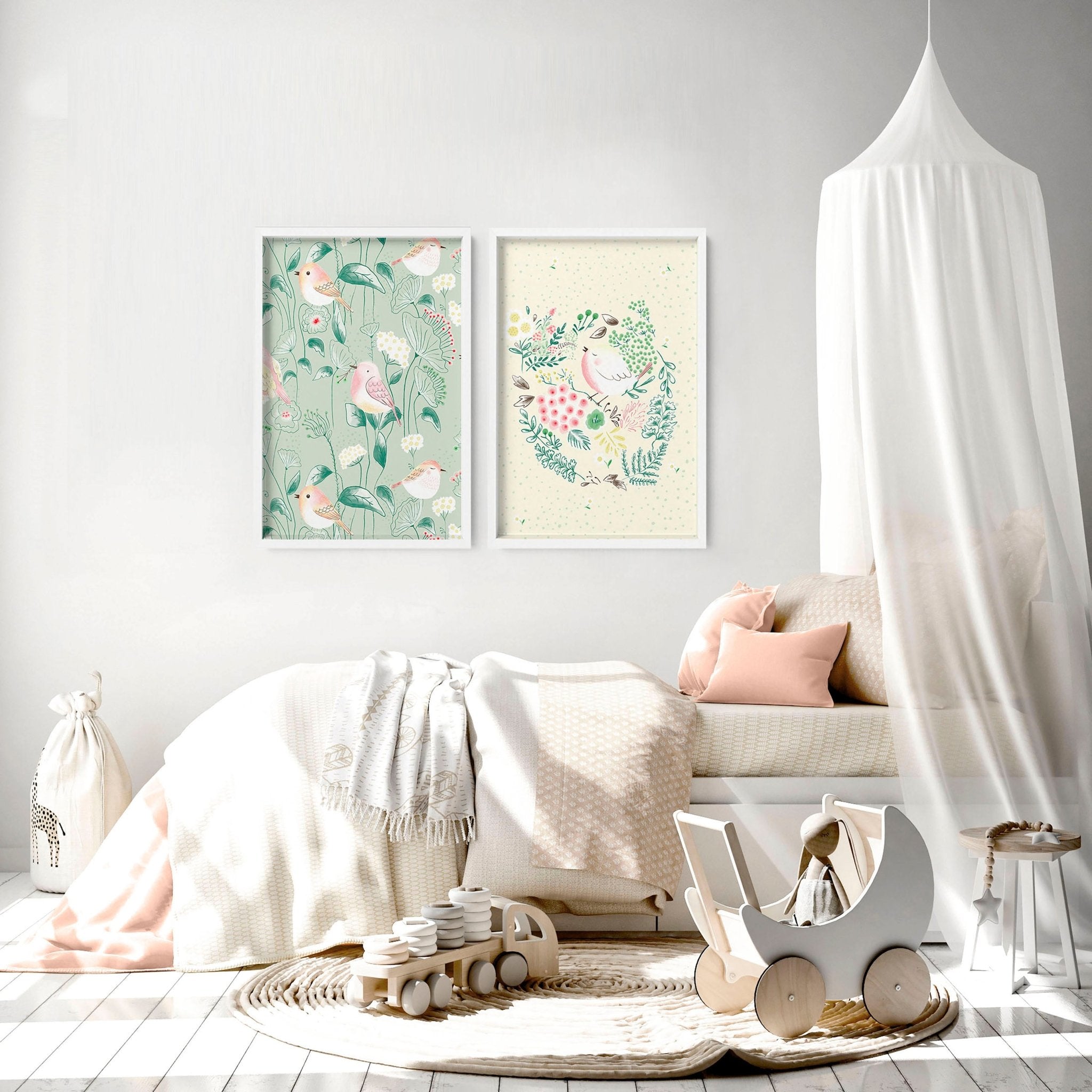 Set of 2 nursery wall art prints featuring adorable birds and flowers in soft pastel colors, perfect for nursery decor.