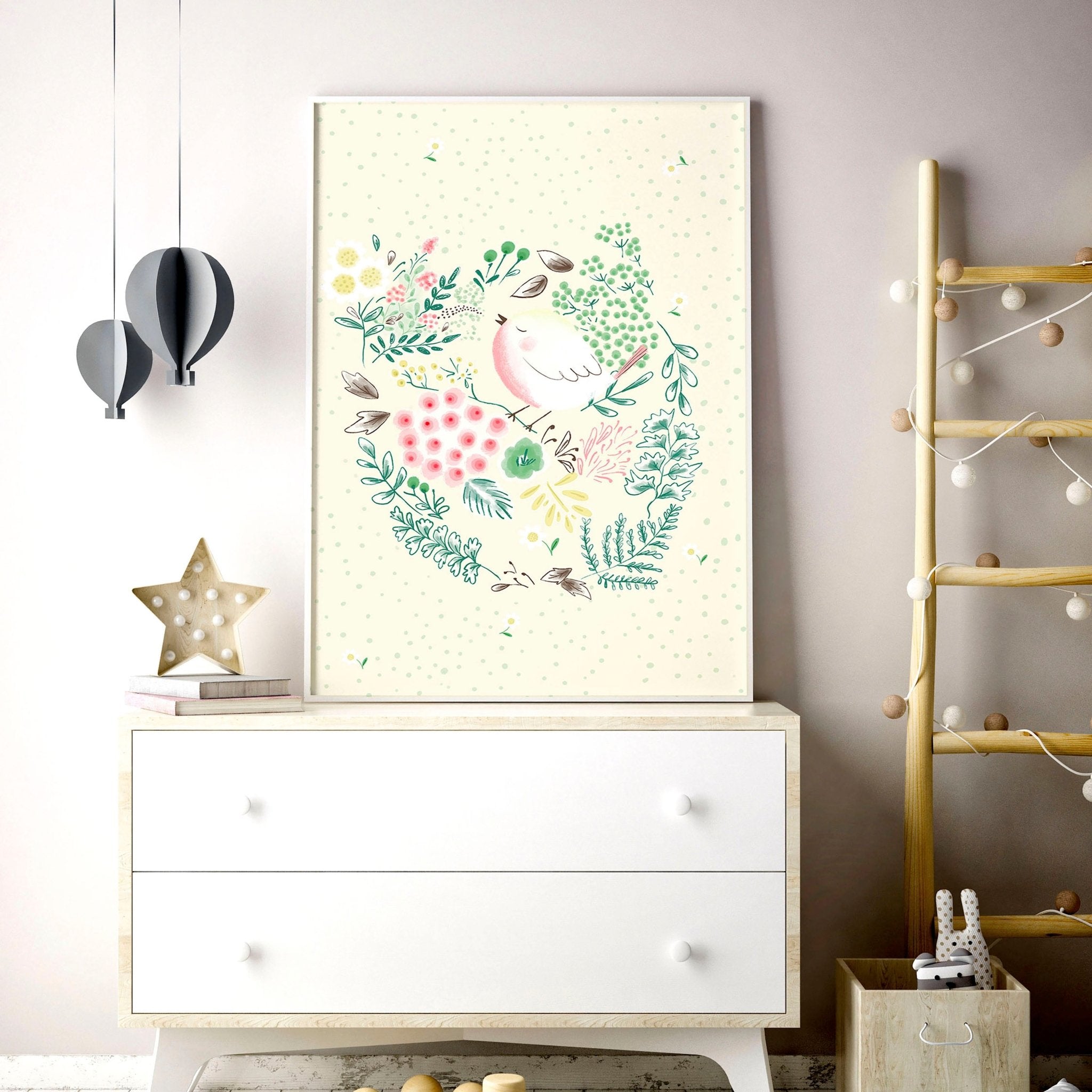 Set of 2 nursery wall art prints featuring adorable birds and flowers in soft pastel colors, perfect for nursery decor.