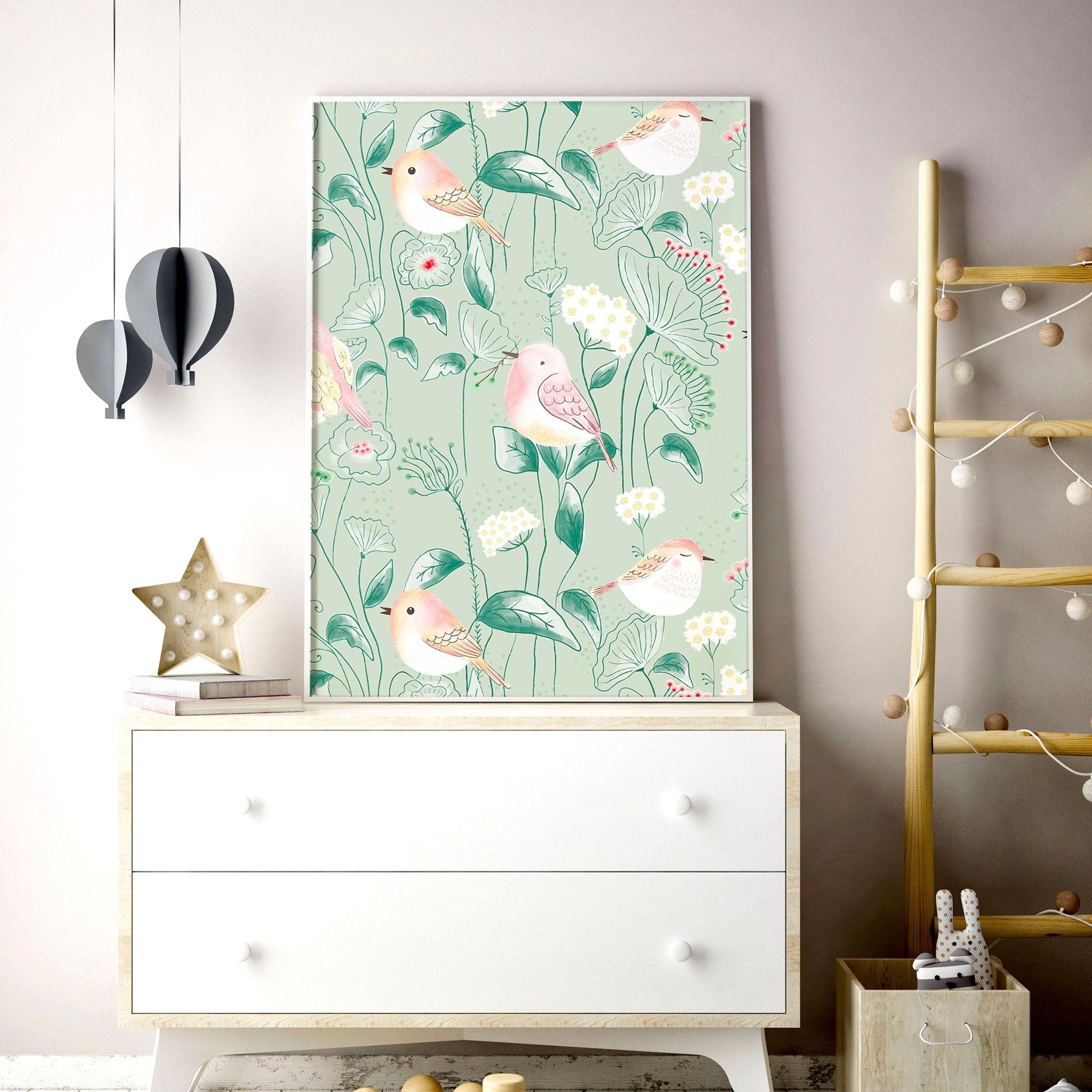 Set of 2 nursery wall art prints featuring adorable birds and flowers in soft pastel colors, perfect for nursery decor.