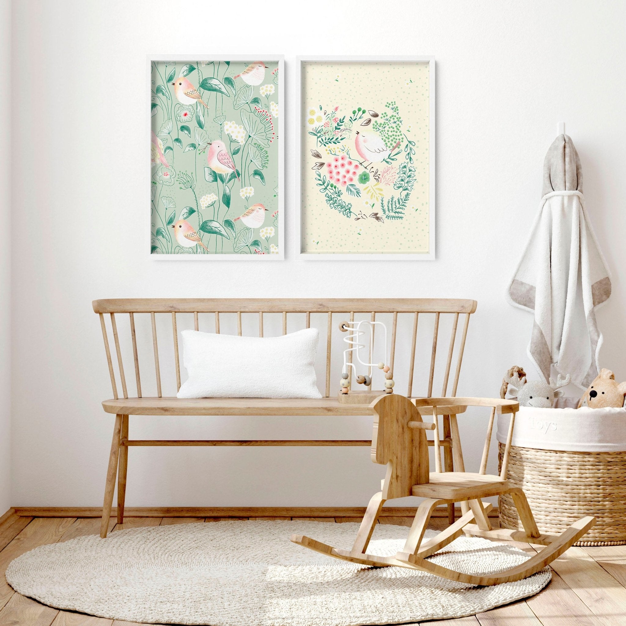 Set of 2 nursery wall art prints featuring adorable birds and flowers in soft pastel colors, perfect for nursery decor.