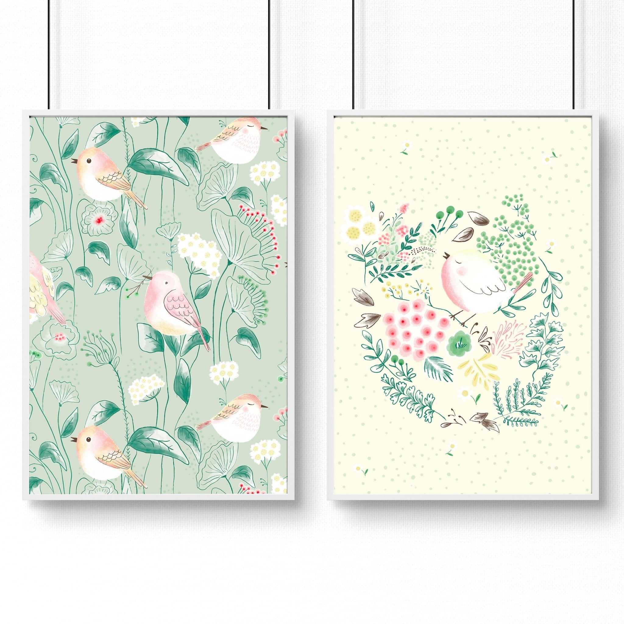 Set of 2 nursery wall art prints featuring adorable birds and flowers in soft pastel colors, perfect for nursery decor.