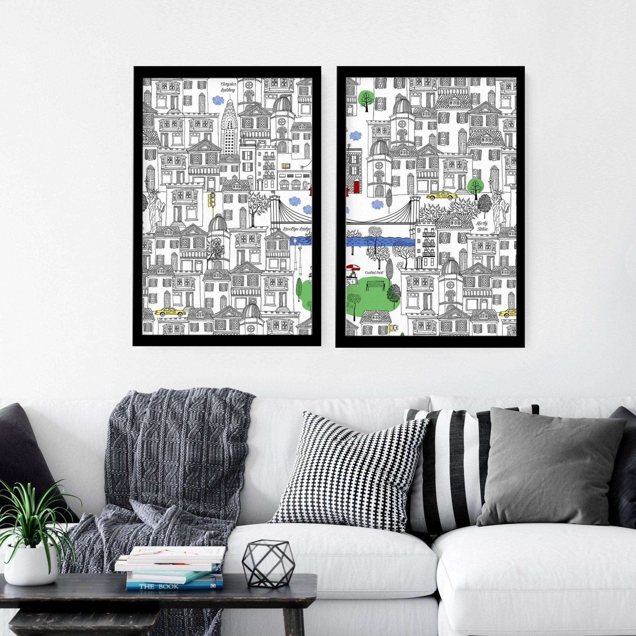 Set of 2 NY City wall art travel posters featuring iconic landmarks in vibrant colors, printed on high-quality paper.