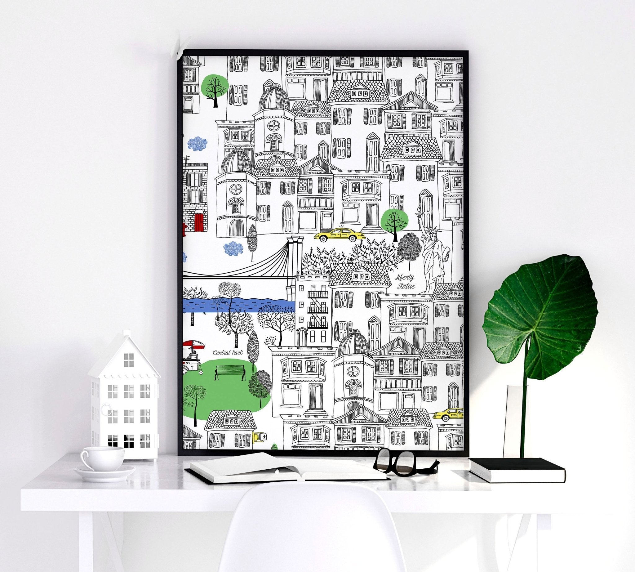 Set of 2 NY City wall art travel posters featuring iconic landmarks in vibrant colors, printed on high-quality paper.