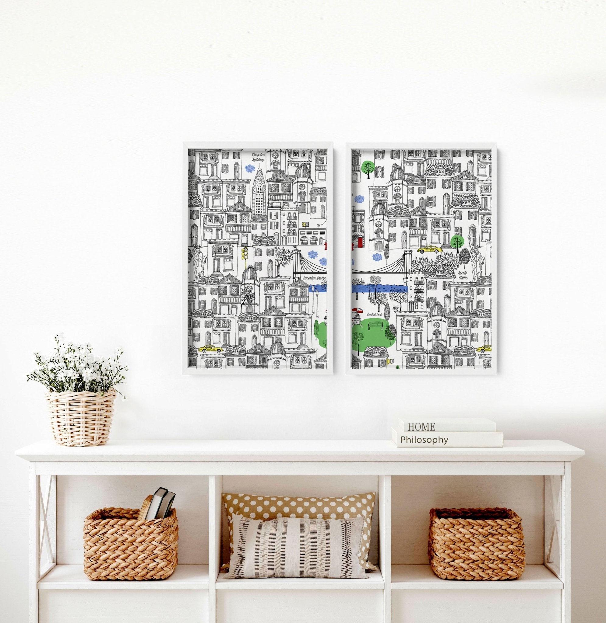 Set of 2 NY City wall art travel posters featuring iconic landmarks in vibrant colors, printed on high-quality paper.