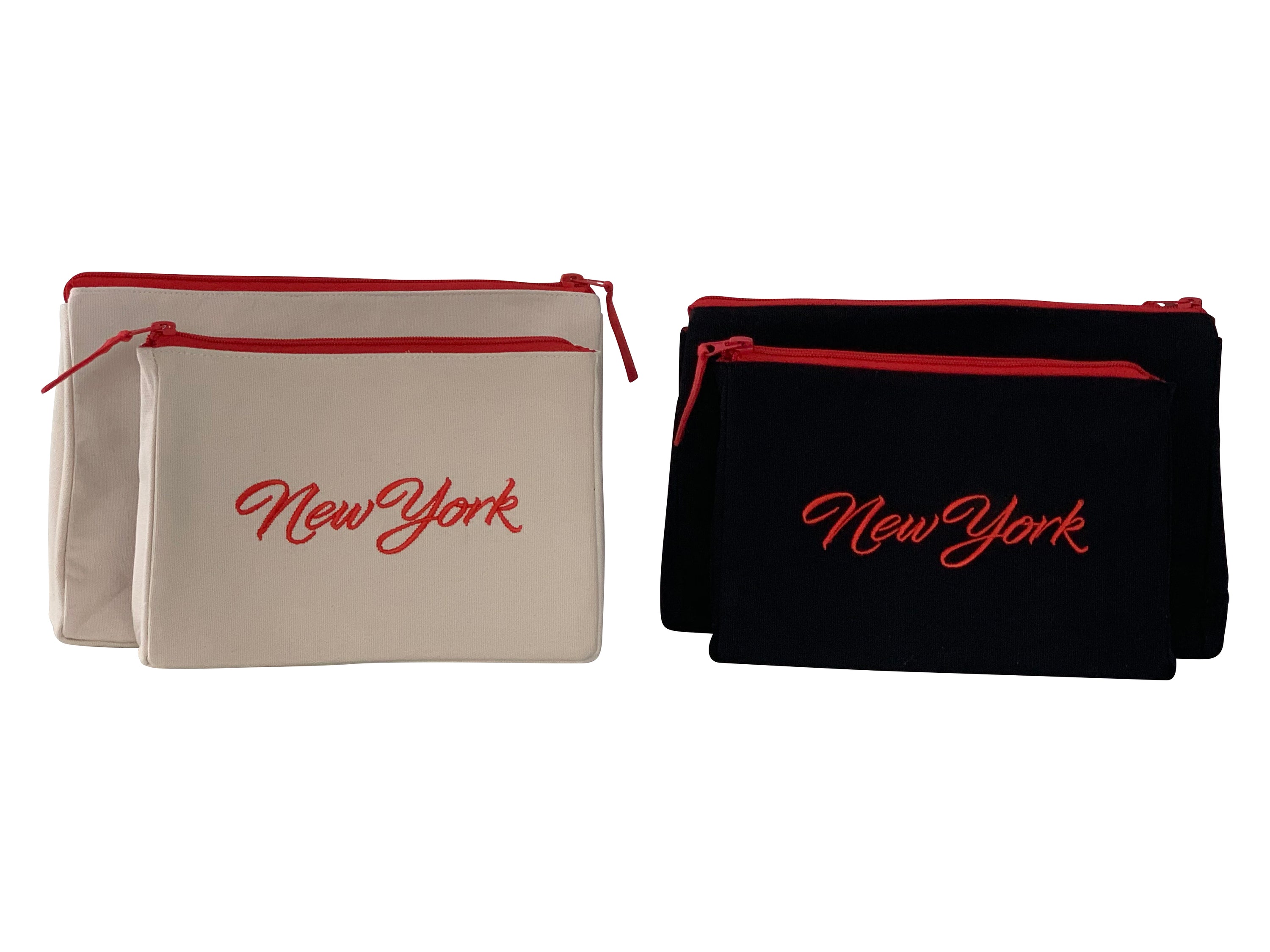 Stylish NYC Makeup Bag set featuring embroidered skyline design on cotton canvas, available in cream and black colors.