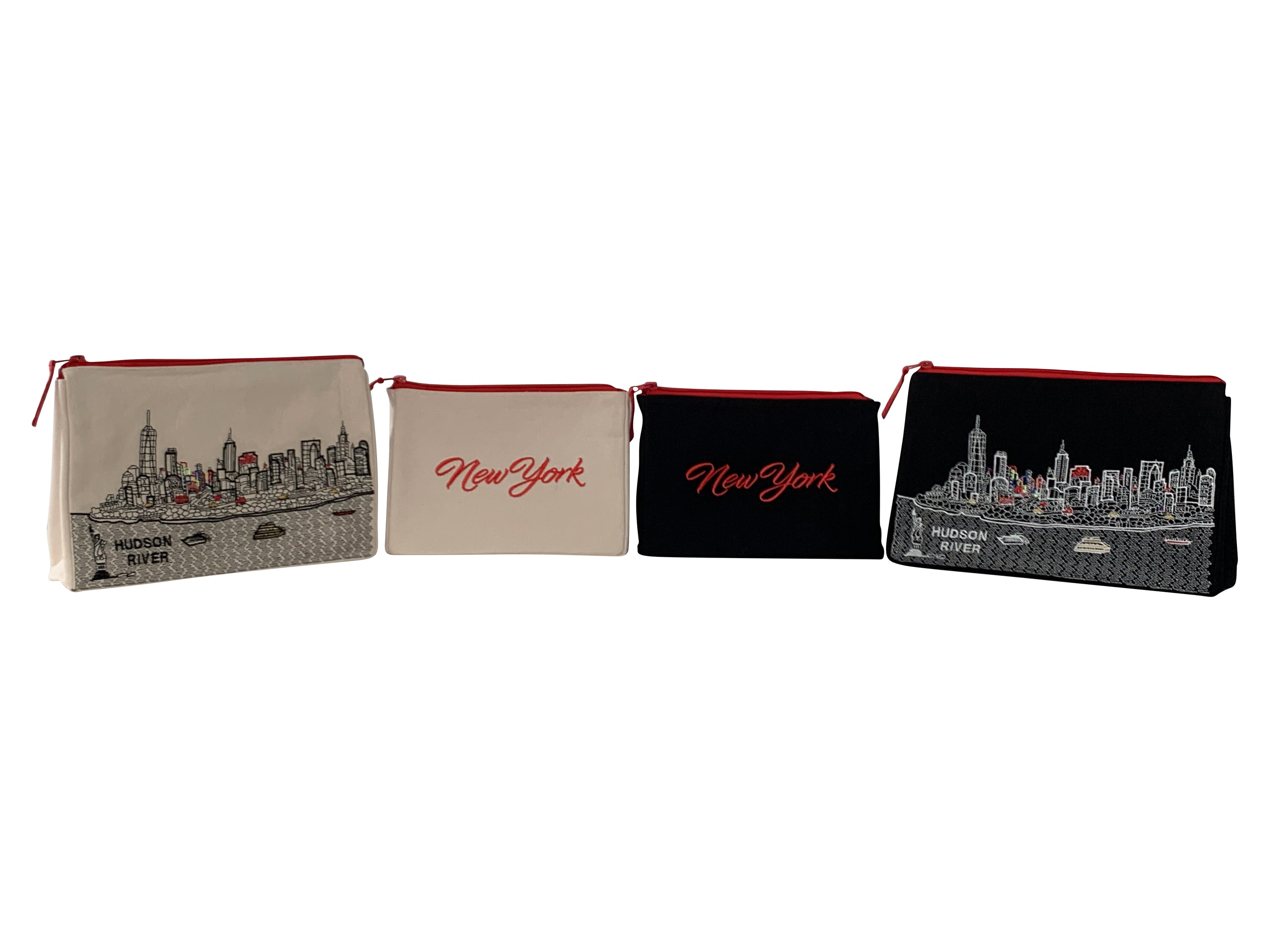 Stylish NYC Makeup Bag set featuring embroidered skyline design on cotton canvas, available in cream and black colors.