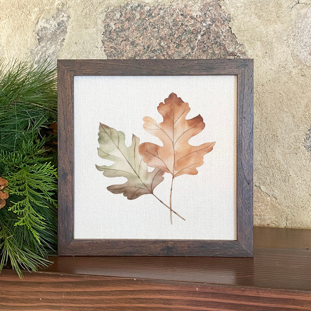 Oak Leaves Framed Sign with walnut veneer frame and linen-look background, perfect for home decor.