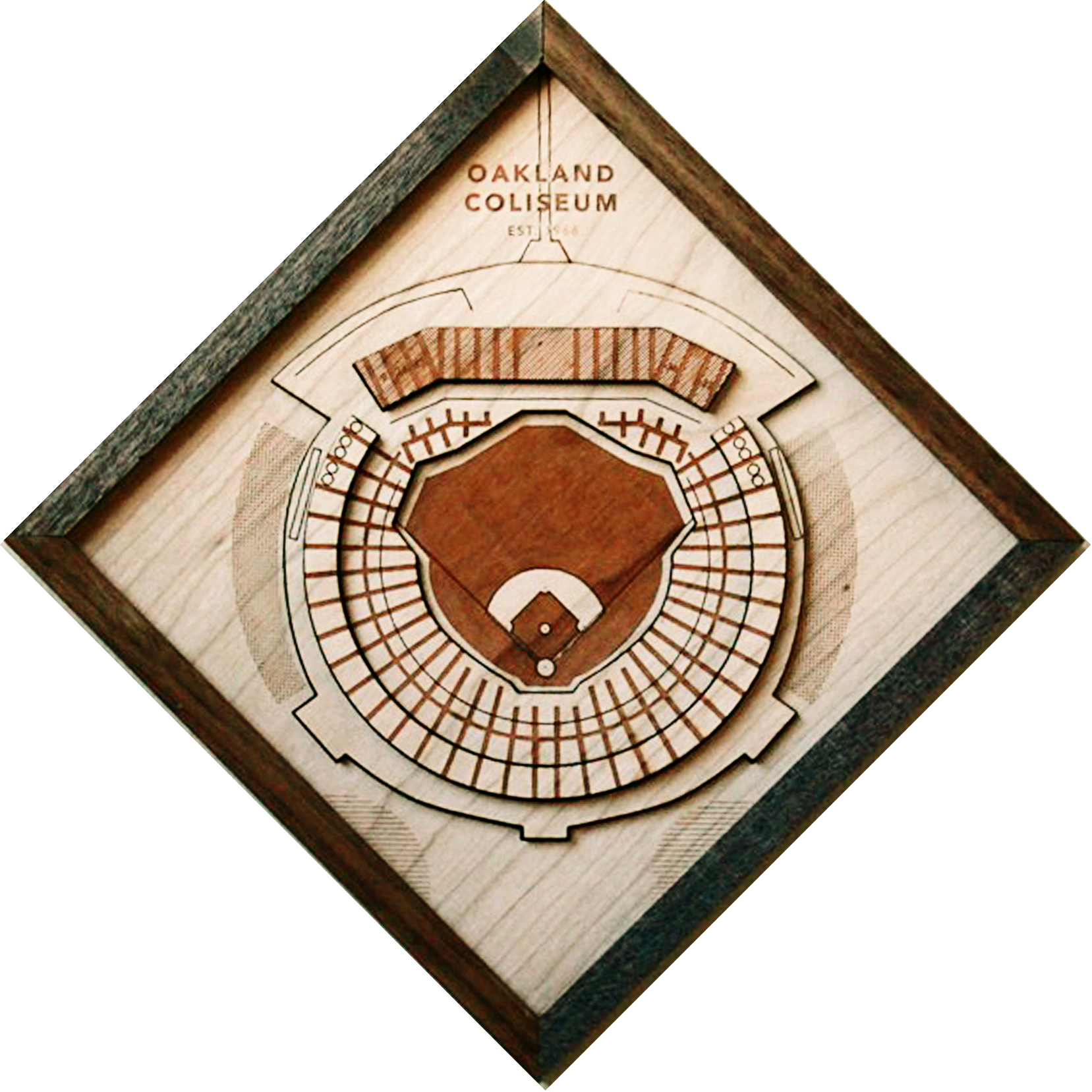 A beautifully crafted wooden art piece of the Oakland Coliseum, showcasing intricate details and premium hardwoods, ready to hang.