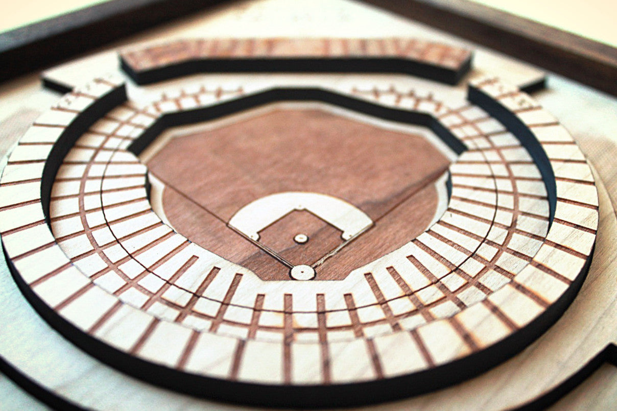 A beautifully crafted wooden art piece of the Oakland Coliseum, showcasing intricate details and premium hardwoods, ready to hang.