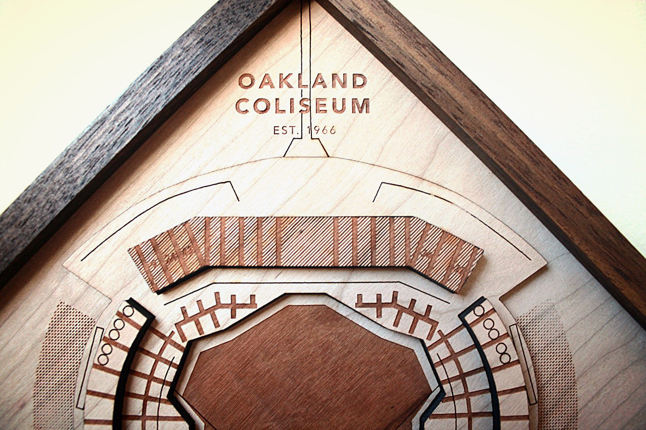 A beautifully crafted wooden art piece of the Oakland Coliseum, showcasing intricate details and premium hardwoods, ready to hang.