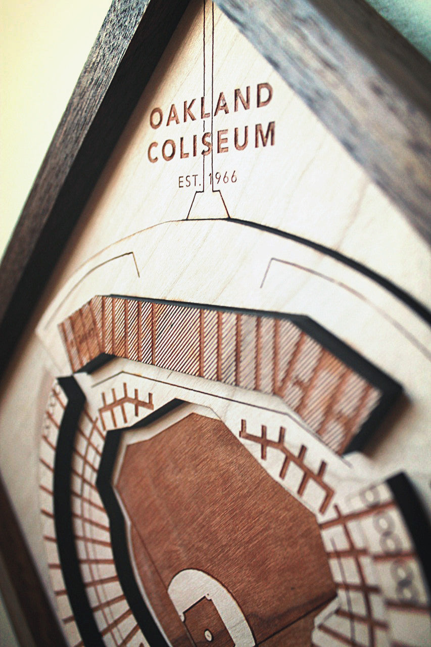 A beautifully crafted wooden art piece of the Oakland Coliseum, showcasing intricate details and premium hardwoods, ready to hang.