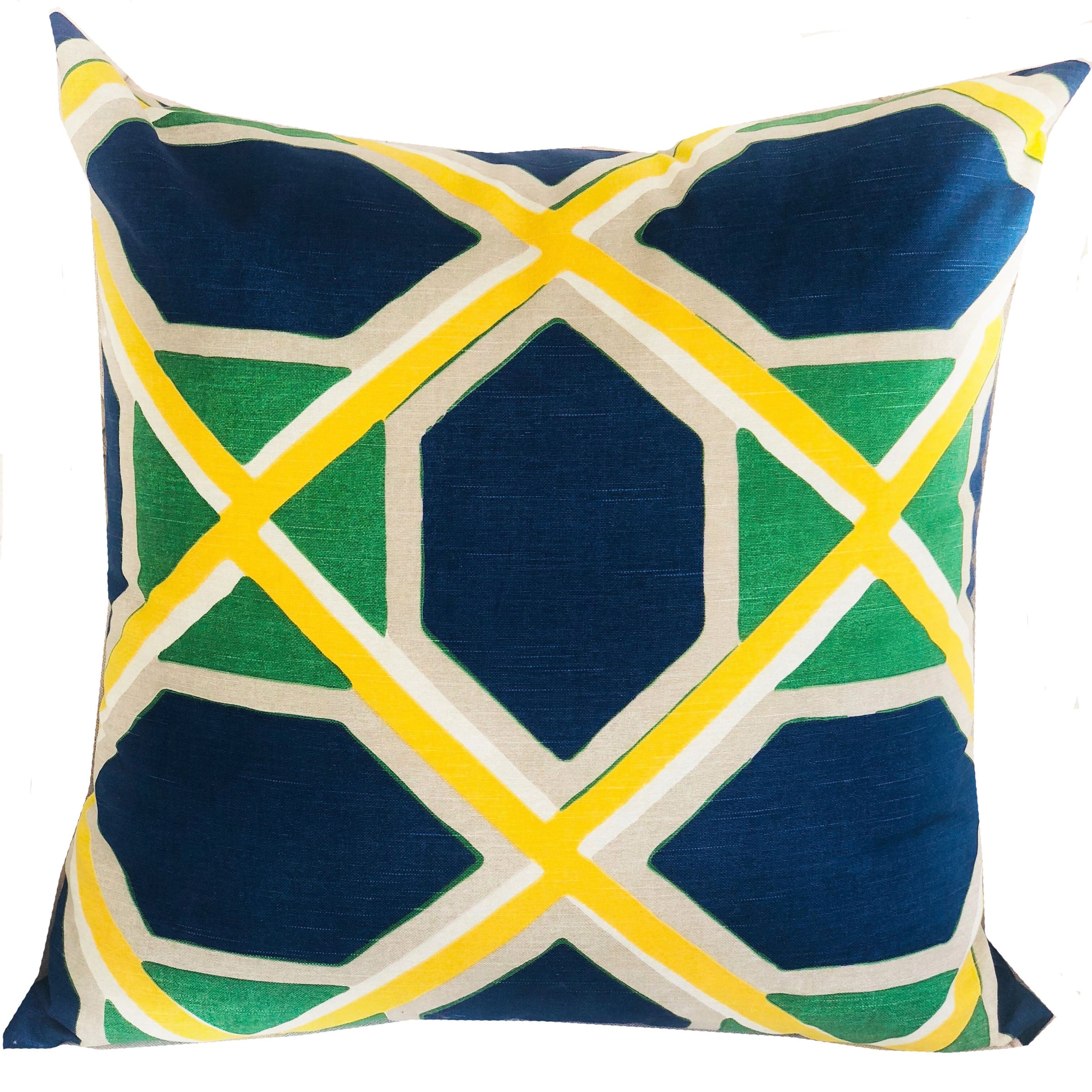 Obliquity Blue, Yellow and Green Luxury Throw Pillow featuring geometric patterns and vibrant colors, handmade in the USA.