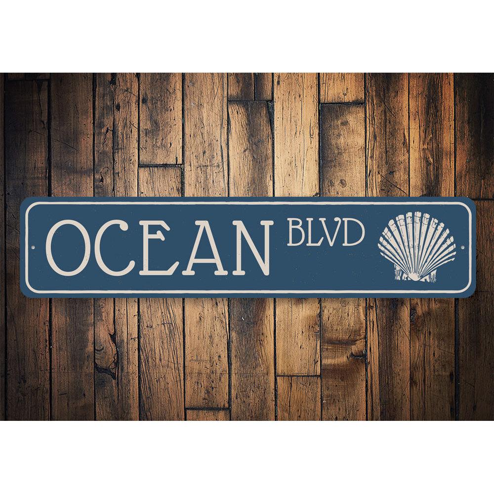 Ocean Blvd Sign made of durable aluminum, featuring a beach-themed design, perfect for coastal decor.