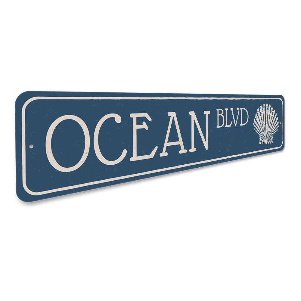 Ocean Blvd Sign made of durable aluminum, featuring a beach-themed design, perfect for coastal decor.