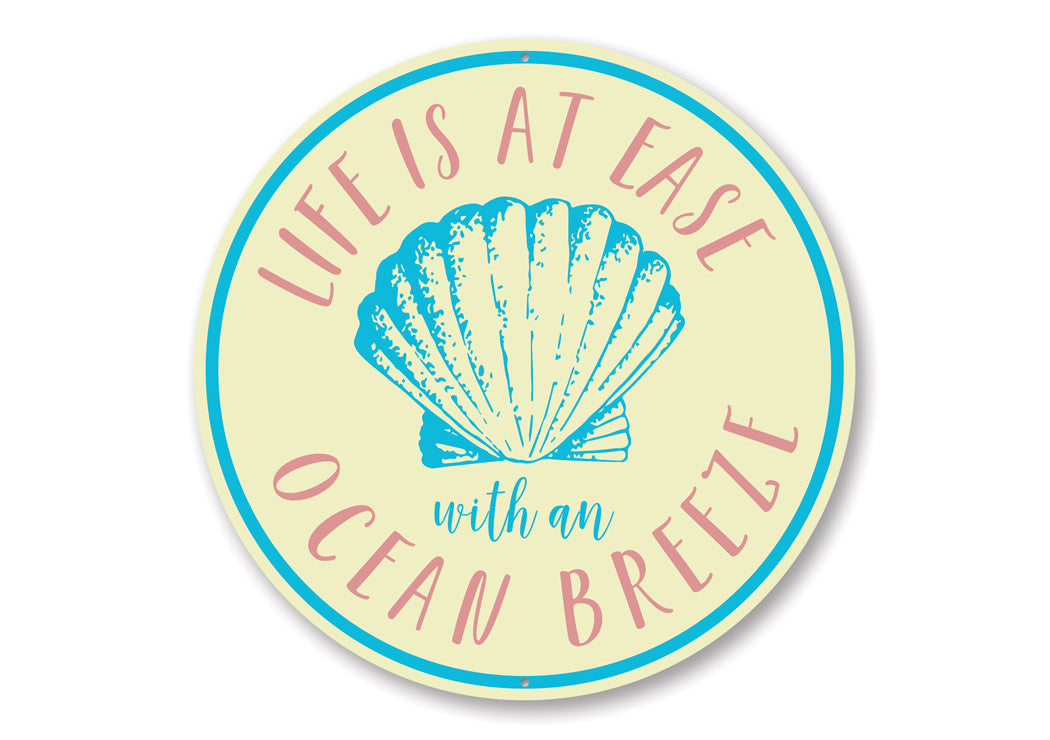 Ocean Breeze Sign featuring a coastal design, made from high-quality aluminum, perfect for beach-themed decor.