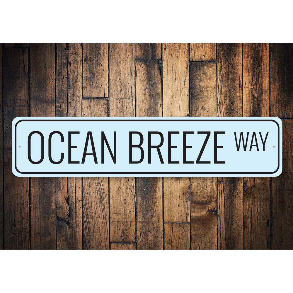 Ocean Breeze Way Sign made of high-quality aluminum, featuring a coastal design perfect for beach houses and outdoor decor.