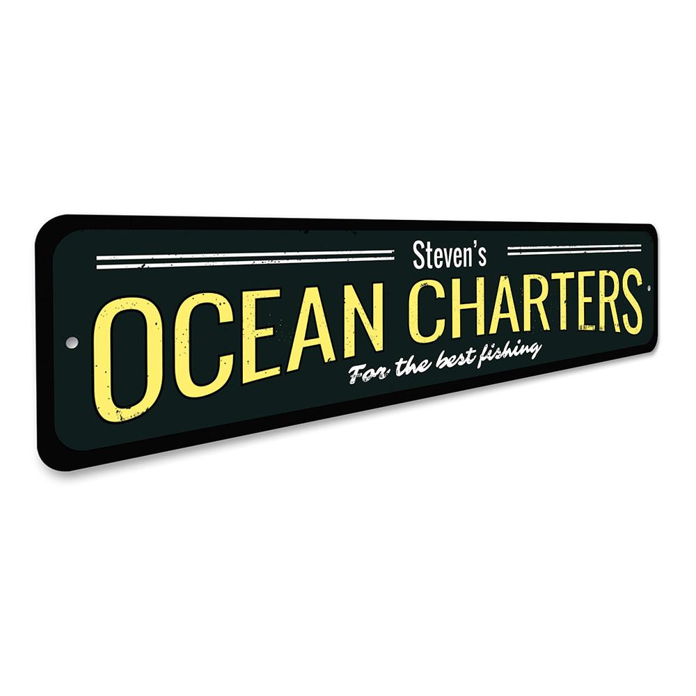 Ocean Charters Sign made of high-quality aluminum, featuring customizable text, perfect for lakehouse decor.