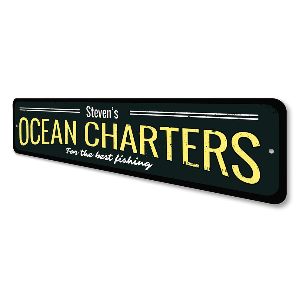 Ocean Charters Sign made of high-quality aluminum, featuring customizable text, perfect for lakehouse decor.