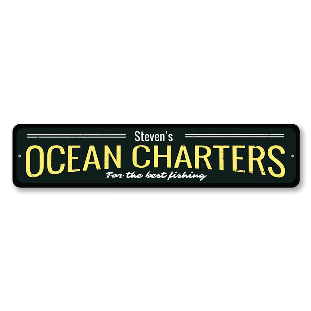 Ocean Charters Sign made of high-quality aluminum, featuring customizable text, perfect for lakehouse decor.