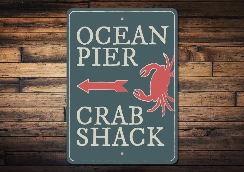 Ocean Pier Sign made of high-quality aluminum, featuring a beach-themed design, perfect for coastal decor.