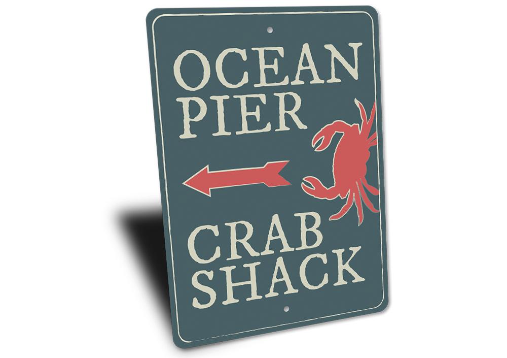 Ocean Pier Sign made of high-quality aluminum, featuring a beach-themed design, perfect for coastal decor.