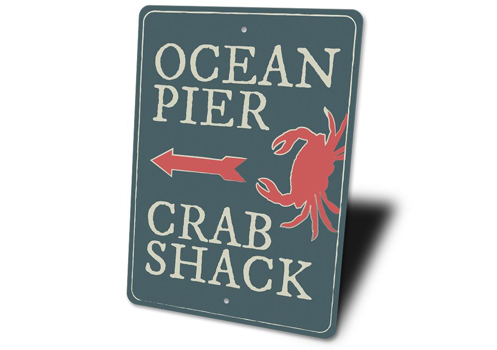 Ocean Pier Sign made of high-quality aluminum, featuring a beach-themed design, perfect for coastal decor.