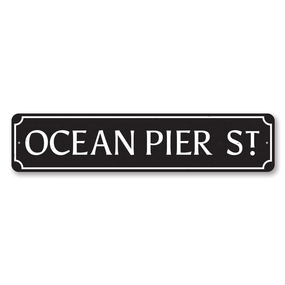 Ocean Pier Street Sign made of high-quality aluminum, featuring a coastal design perfect for beach-themed decor.