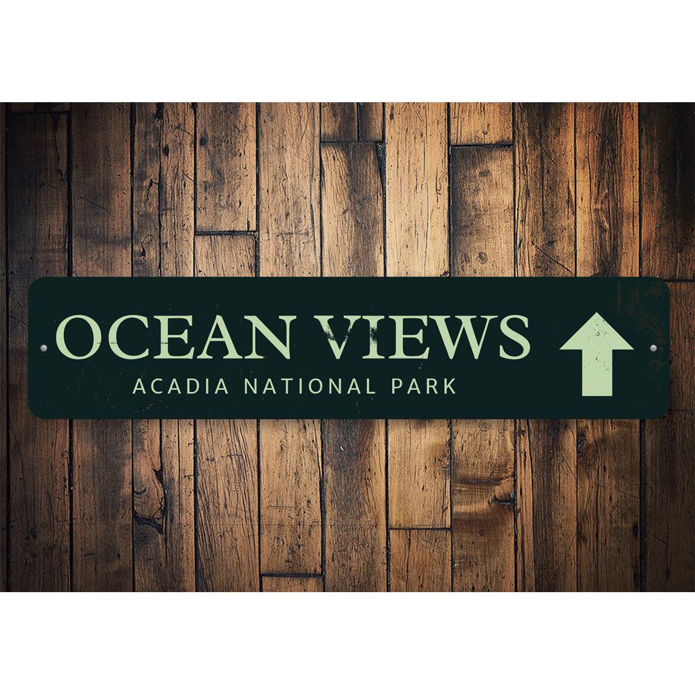 Ocean Views Sign made of high-quality aluminum, featuring a beautiful coastal design, perfect for home decor.